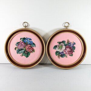 Set of 2 round framed 22.5 cm flower embroidery / cross stitch / needlepoint art